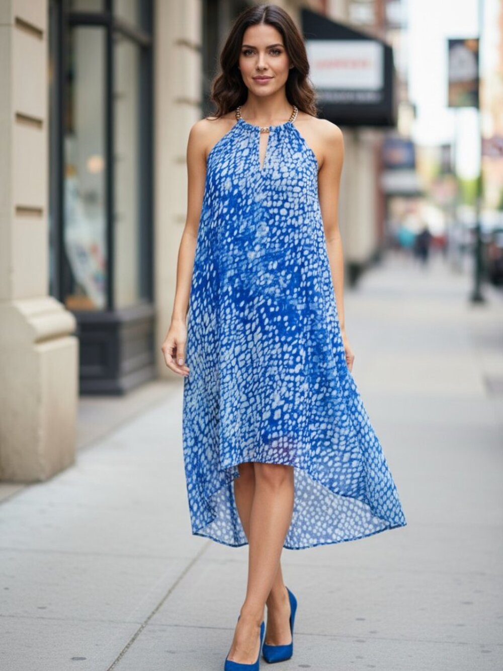 DESIGNER MICHAEL MICAEL KORS BLUE HALTER NECKLACE SLEEVELESS SUMMER DRESS LARGE
